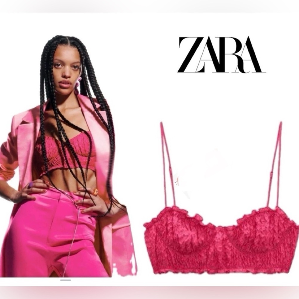 ZARA CORSETRY TEXTURED BRALETTE RUFFLE FRILL METALLIC CROP TOP FUCHSIA PINK NWOT